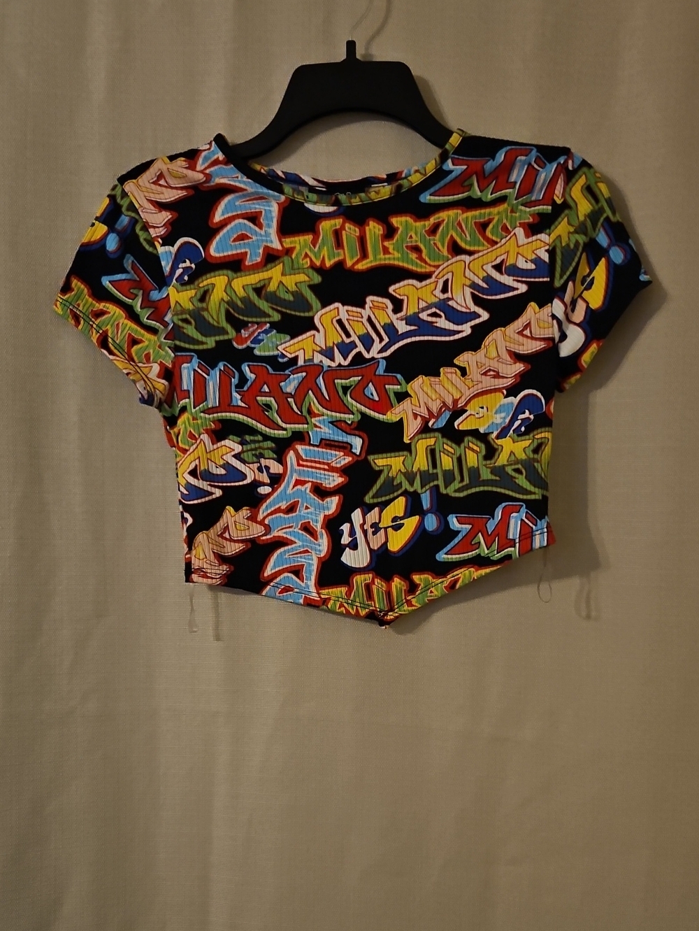 Multicolor Graffiti-Print Black Crop Top